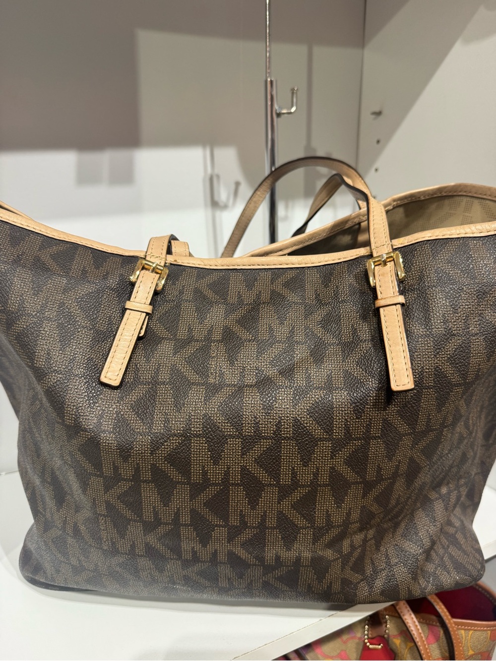 Michael Kors Brown Monogram Tote with Beige Trim and Gold Charm - Picture 3 of 4